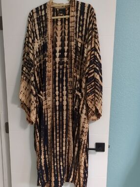 Style Park Tie-Dye Brown & Tan Boho Kimono Long Line Duster Beach Cover Up S/M/L
